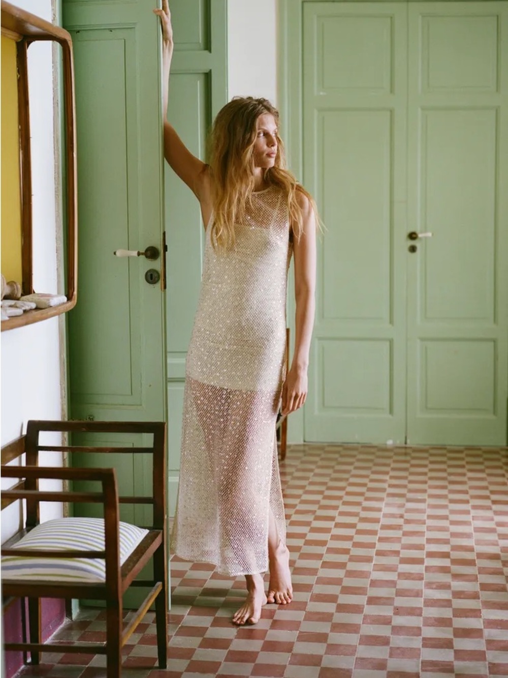 Zara Sheer Beaded Slip Dress in Cream